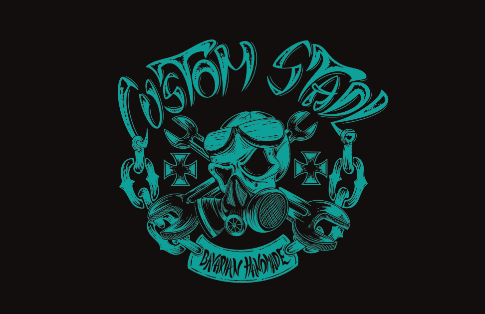 Hintergrund schwarz machen Grünes Vintage-Design mit Totenkopf, Werkzeug und Schriftzug "Custom Shop".